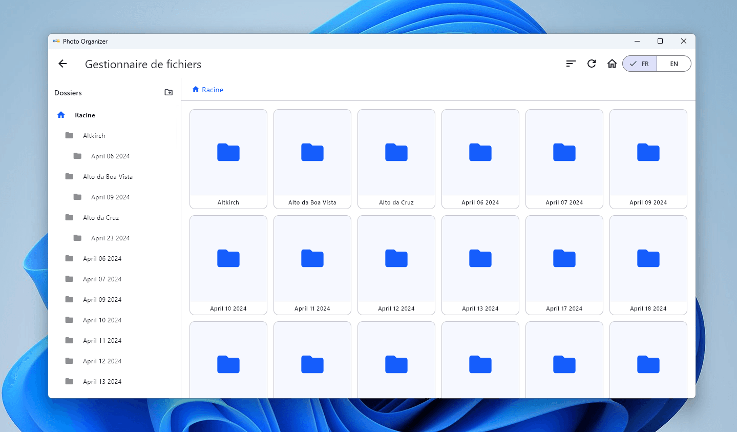 Gestionnaire de fichiers organisés par date et lieu